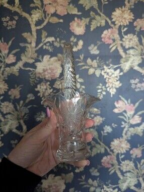 Pressed Glass Basket with Etched Floral Design and Scalloped Rim